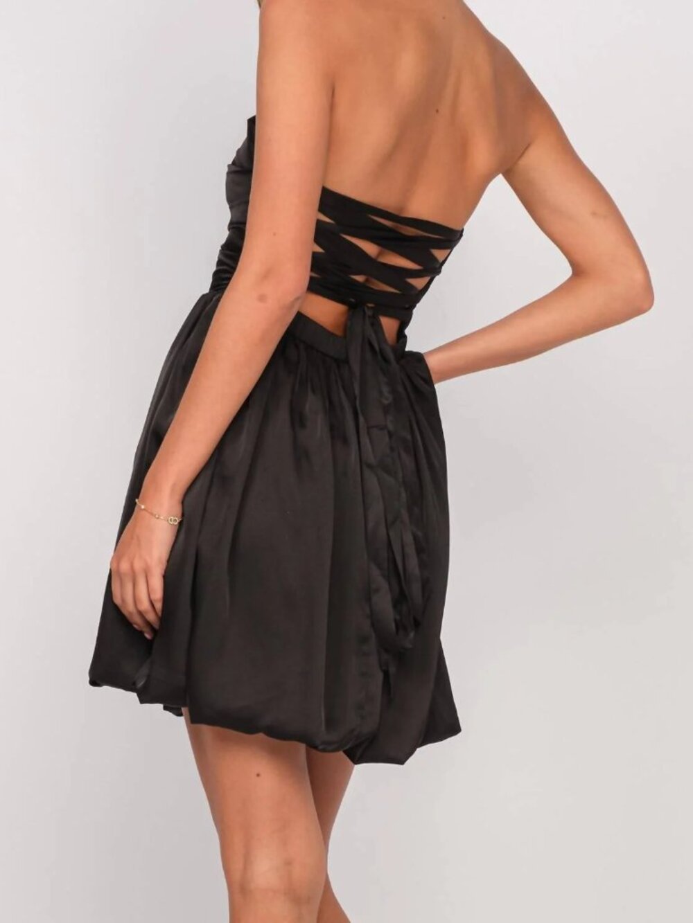 NWT Summerland Black Satin Pleated Lace-Up Back Dress L